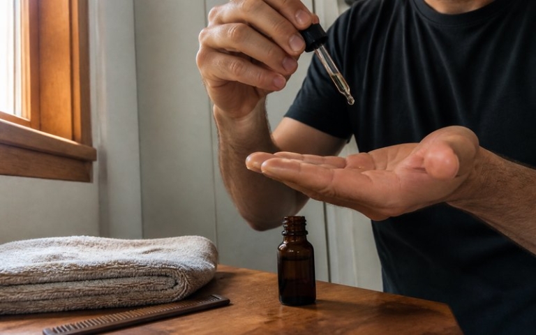 Bartöl mit Pipette über der offenen Handfläche