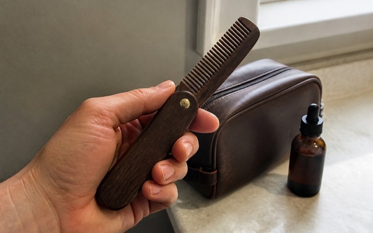 Klappkamm aus Holz in der Hand